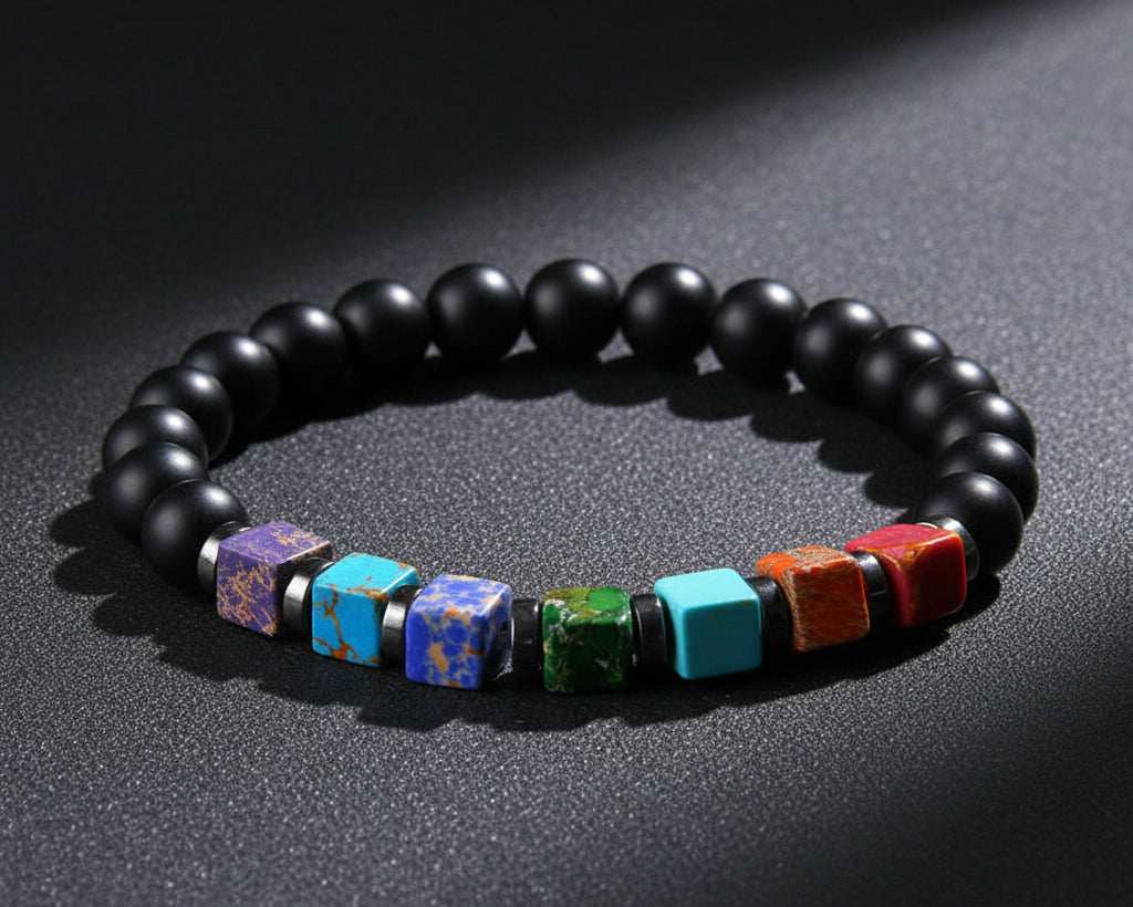 7 Chakra Naturstein Armband mit matt-schwarzen 8mm Onyx-Perlen und bunten Wuerfel-Chakra-Steinen
