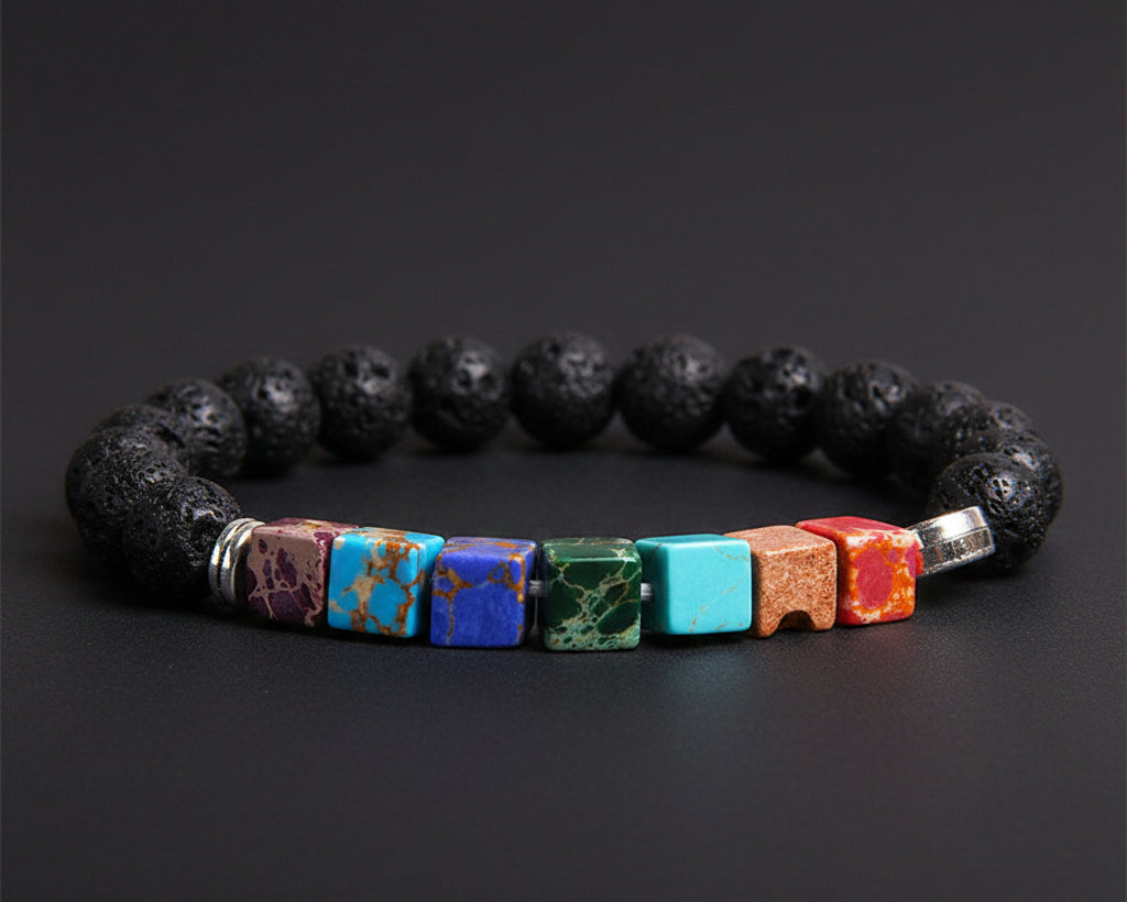 7 Chakra Naturstein Armband mit schwarzen 8mm Lavastein-Perlen und bunten Wuerfel-Chakra-Steinen