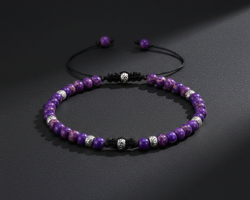 7 Chakra Yoga Armband mit violetten 4mm Natursteinperlen und silbernen Zwischenperlen