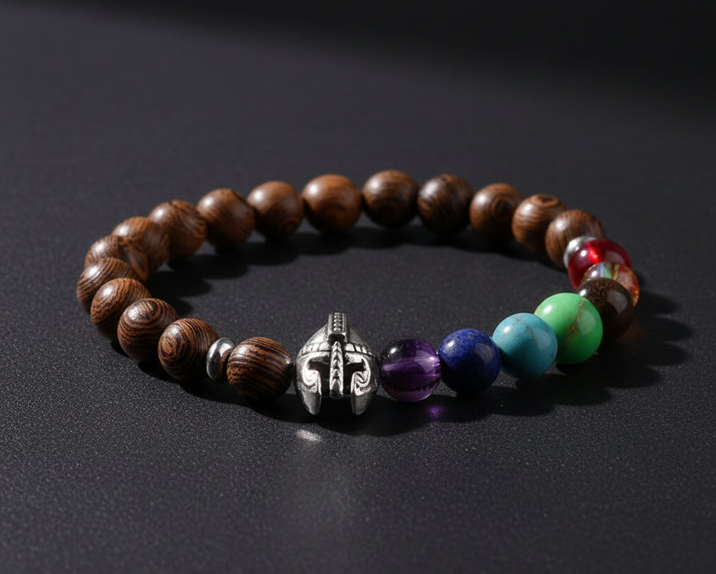Chakra Holzperlen Armband mit Naturholzperlen, Chakra-Natursteinen und silberner Helm-Perle
