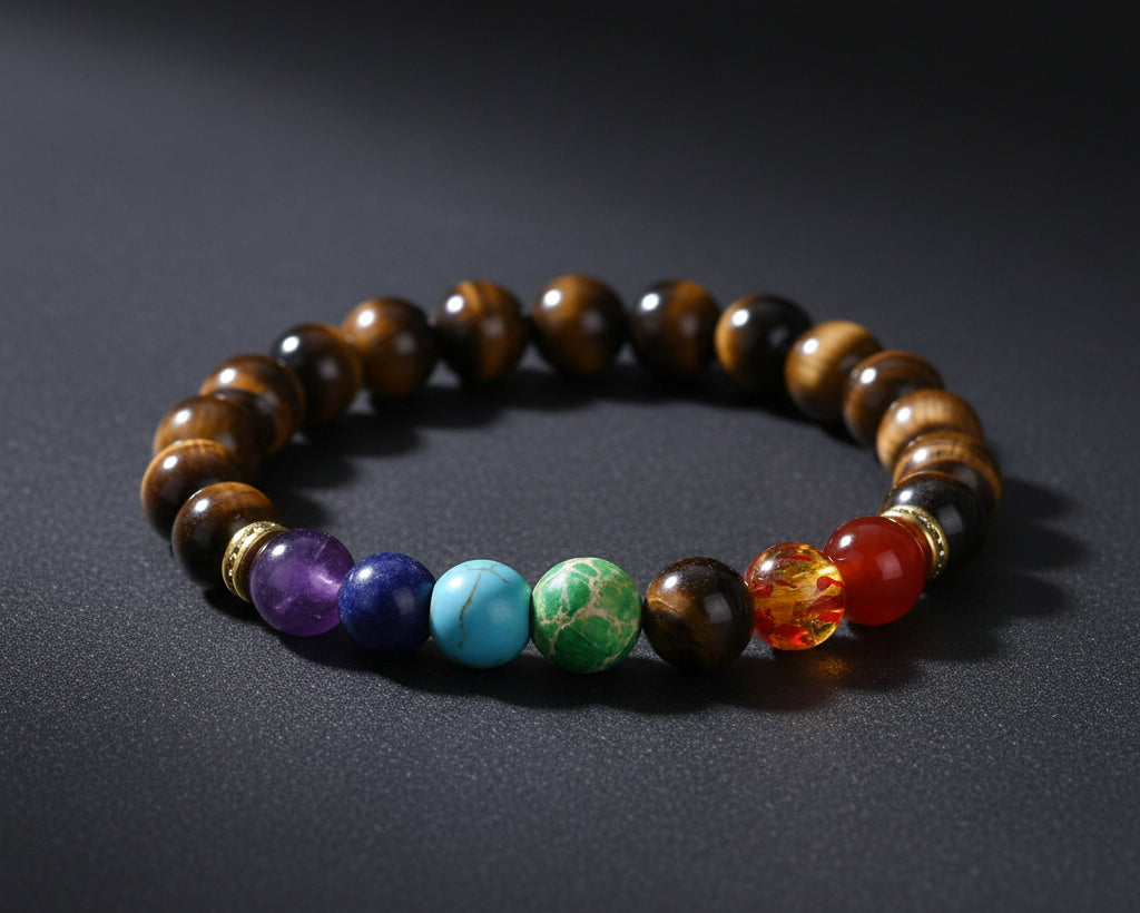 7 Chakra Tuerkis Yoga Armband mit Tigerauge-Perlen und bunten Chakra-Steinen
