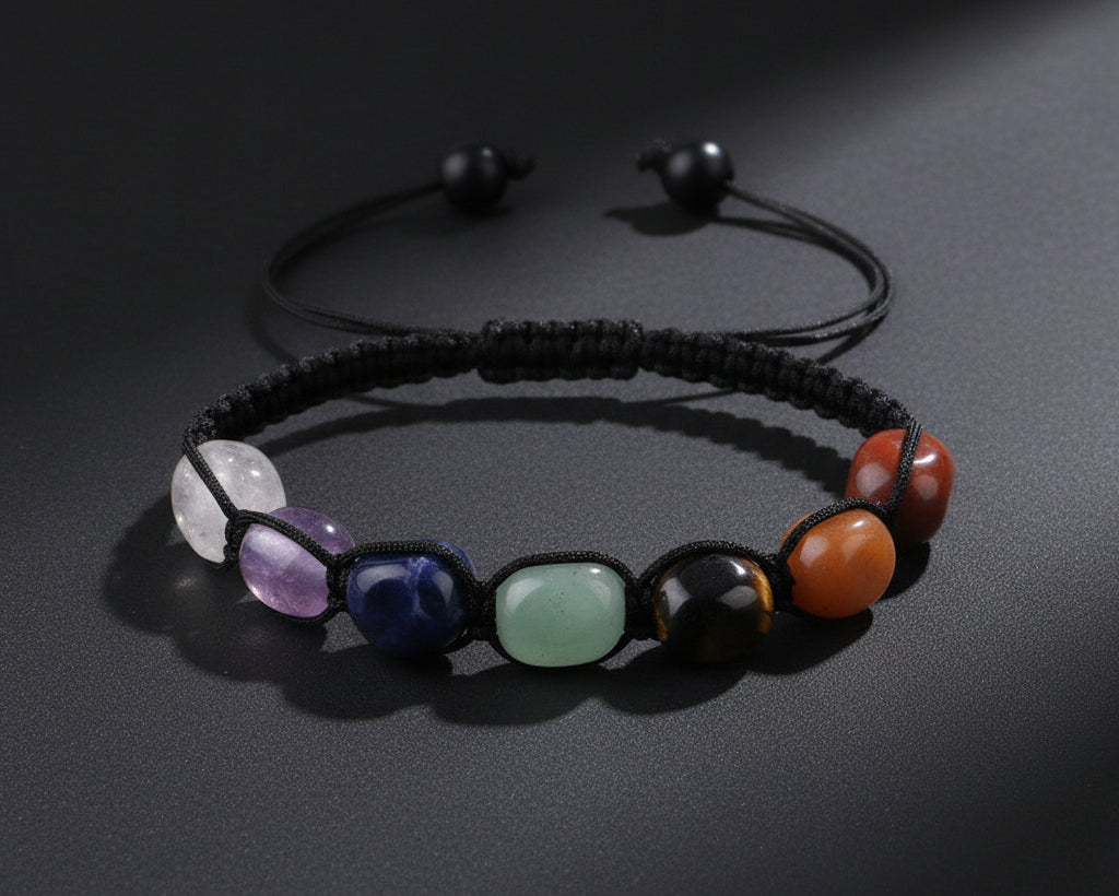 Verstellbares Chakra Naturstein Armband mit Makramee-Knoten und sieben bunten Trommelsteinen