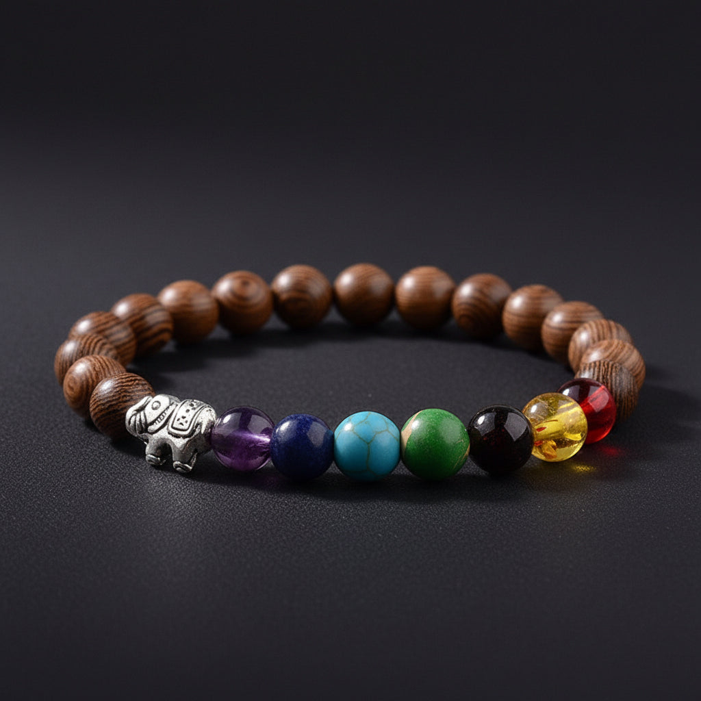 Chakra Holzperlen Armband mit Naturholzperlen, sieben Chakra-Natursteinen und silberner Elefanten-Perle