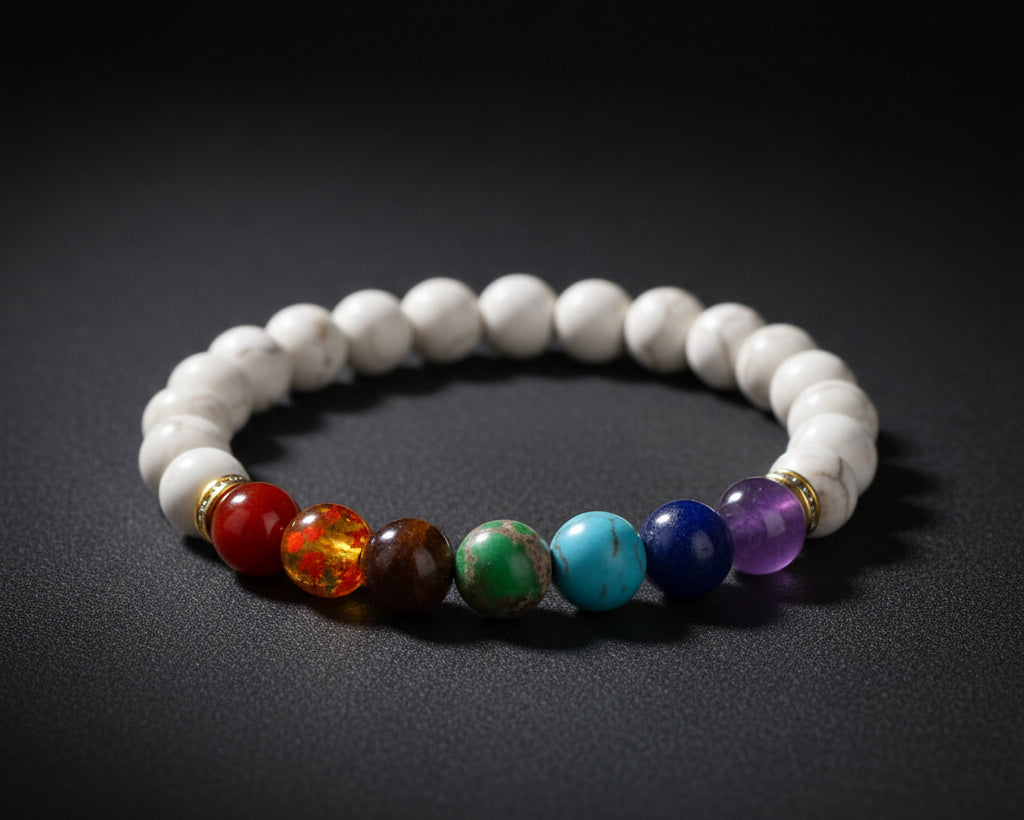 7 Chakra Tuerkis Yoga Armband mit weissen Howlith-Perlen und bunten Chakra-Steinen