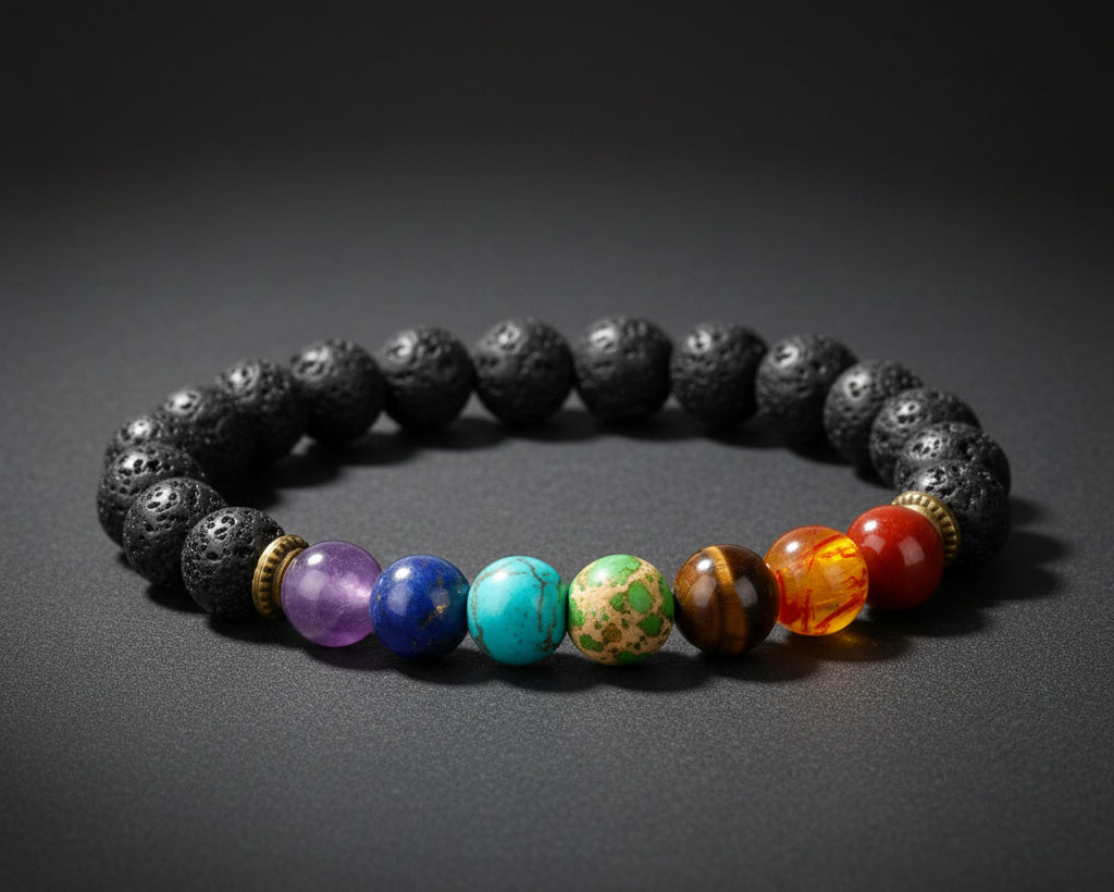 7 Chakra Tuerkis Yoga Armband mit schwarzen Lavastein-Perlen und bunten Chakra-Steinen