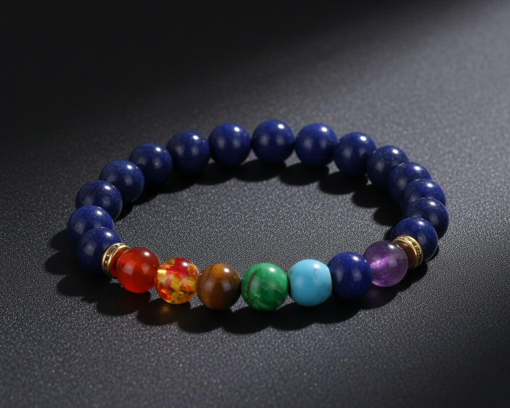 7 Chakra Tuerkis Yoga Armband mit dunkelblauen Lapislazuli-Perlen und bunten Chakra-Steinen