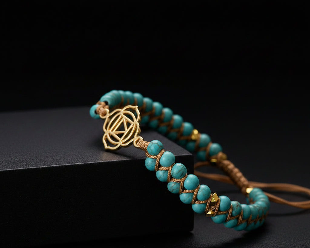 7 Chakra Meditationsarmband mit tuerkisfarbenen Perlen, goldenem Chakra-Symbol und Makramee-Schnur