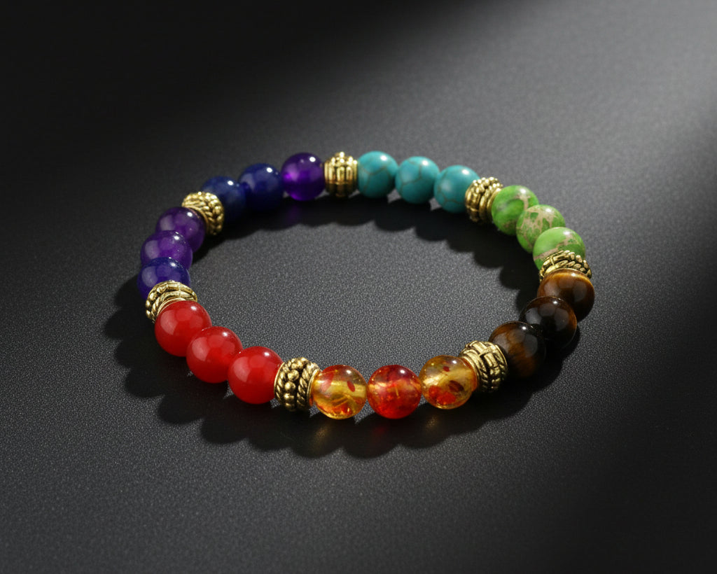 7 Chakra Tuerkis Yoga Armband mit bunten Natursteinen und goldenen Zwischenperlen, Draufsicht