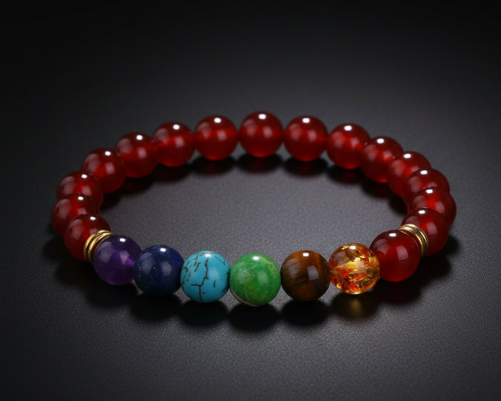7 Chakra Tuerkis Yoga Armband mit roten Achat-Perlen und bunten Chakra-Steinen
