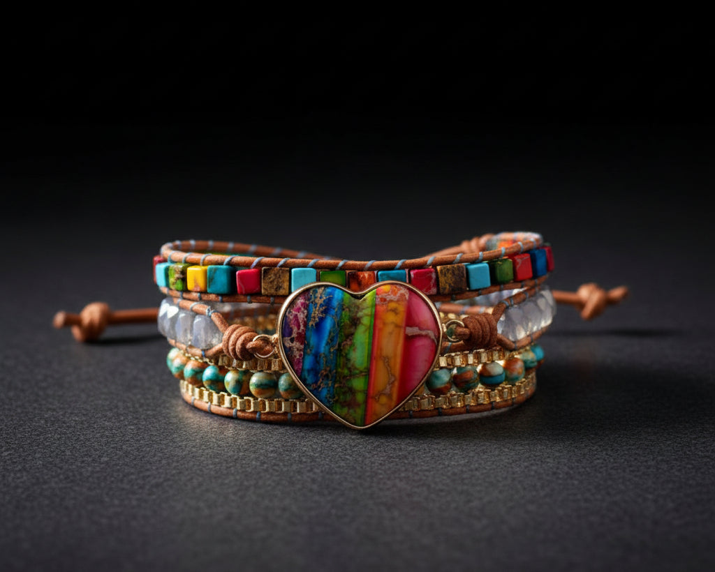7 Chakra Leder-Wickelarmband mit bunten Natursteinperlen und herzfoermigem Edelstein-Anhaenger, vollstaendige Ansicht
