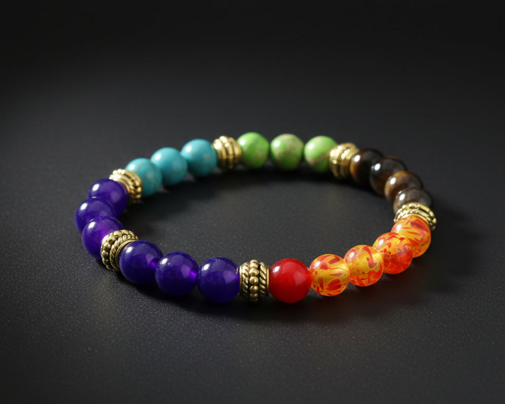 7 Chakra Tuerkis Yoga Armband mit bunten Natursteinen und goldenen Zwischenperlen