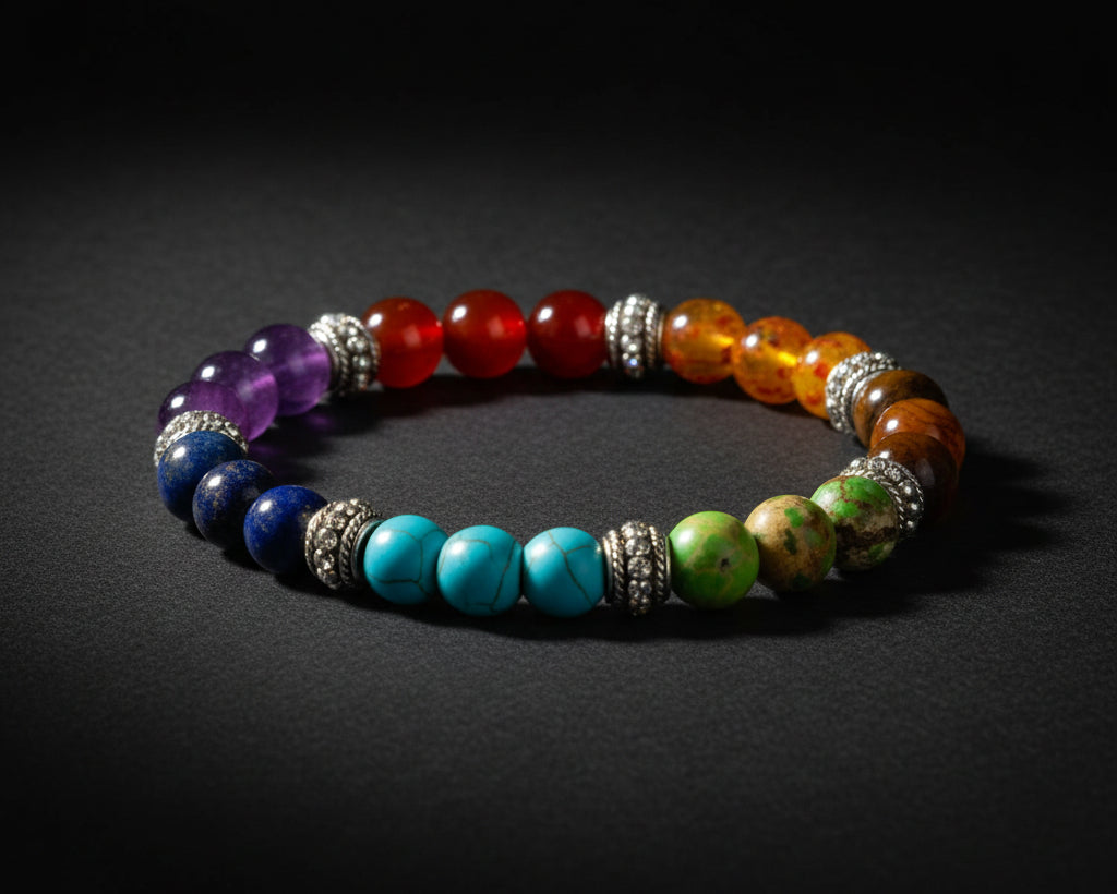 7 Chakra Tuerkis Yoga Armband mit bunten Natursteinen und silbernen Zwischenperlen