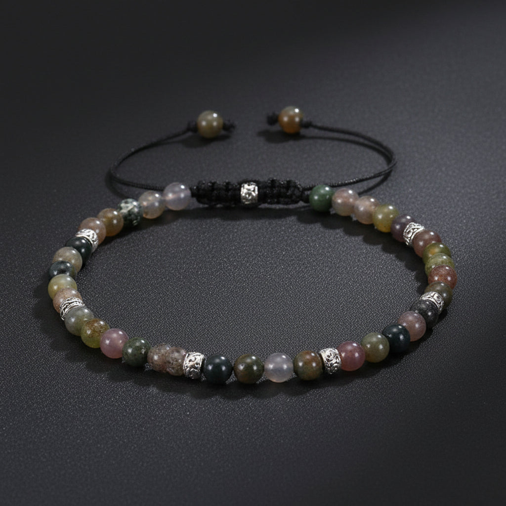 7 Chakra Yoga Armband mit 4mm Natursteinperlen in gedeckten Farben und Makramee-Verschluss