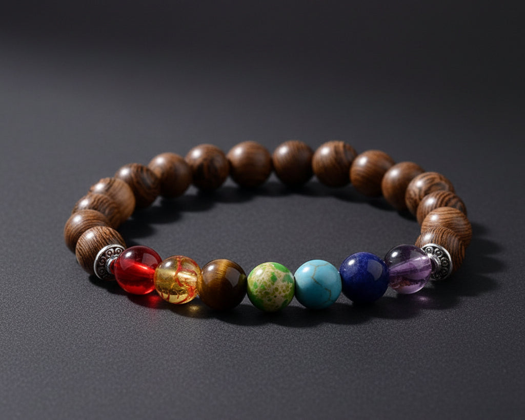 Chakra Holzperlen Armband mit sieben bunten Chakra-Natursteinen und Naturholzperlen