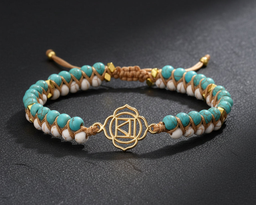 7 Chakra Meditationsarmband mit tuerkis-weissen Perlen, goldenem Chakra-Symbol und Makramee-Schnur