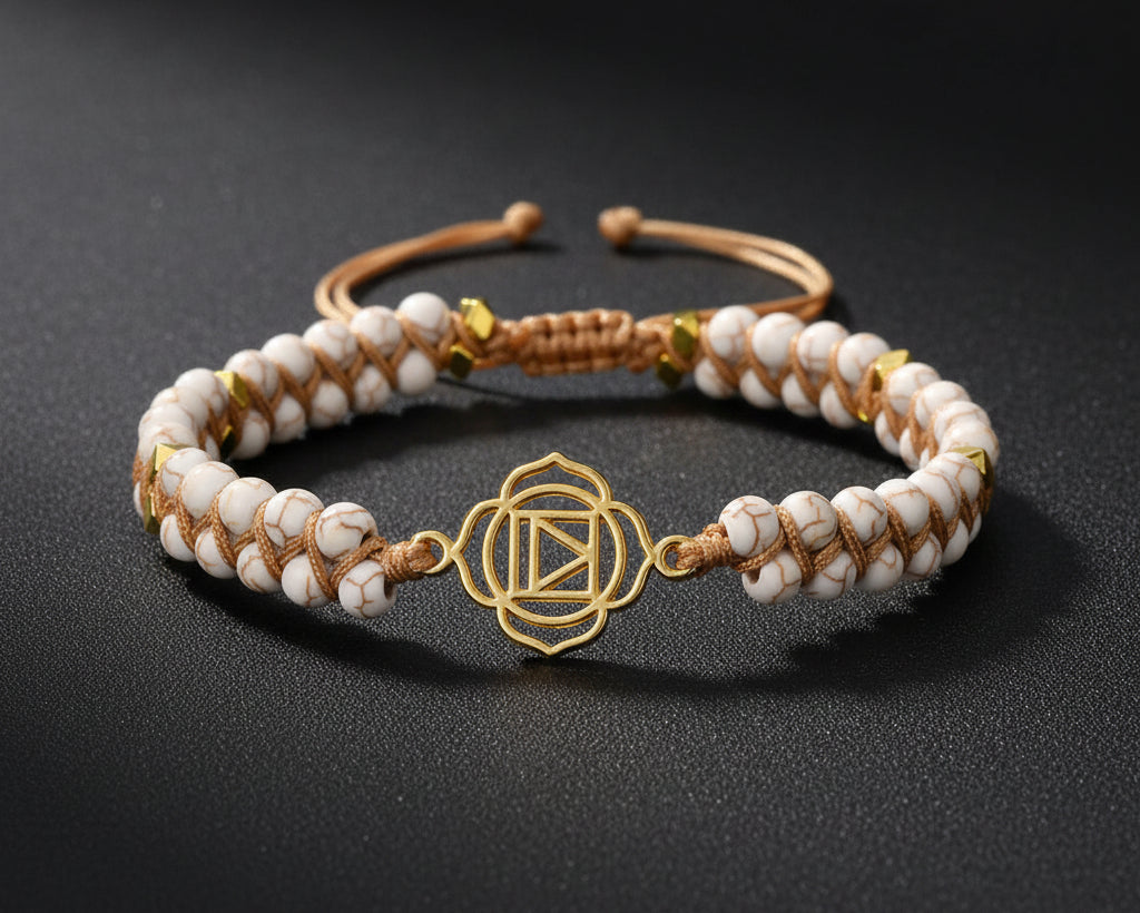 7 Chakra Meditationsarmband mit weissen Perlen, goldenem Chakra-Symbol und doppelreihiger Makramee-Schnur