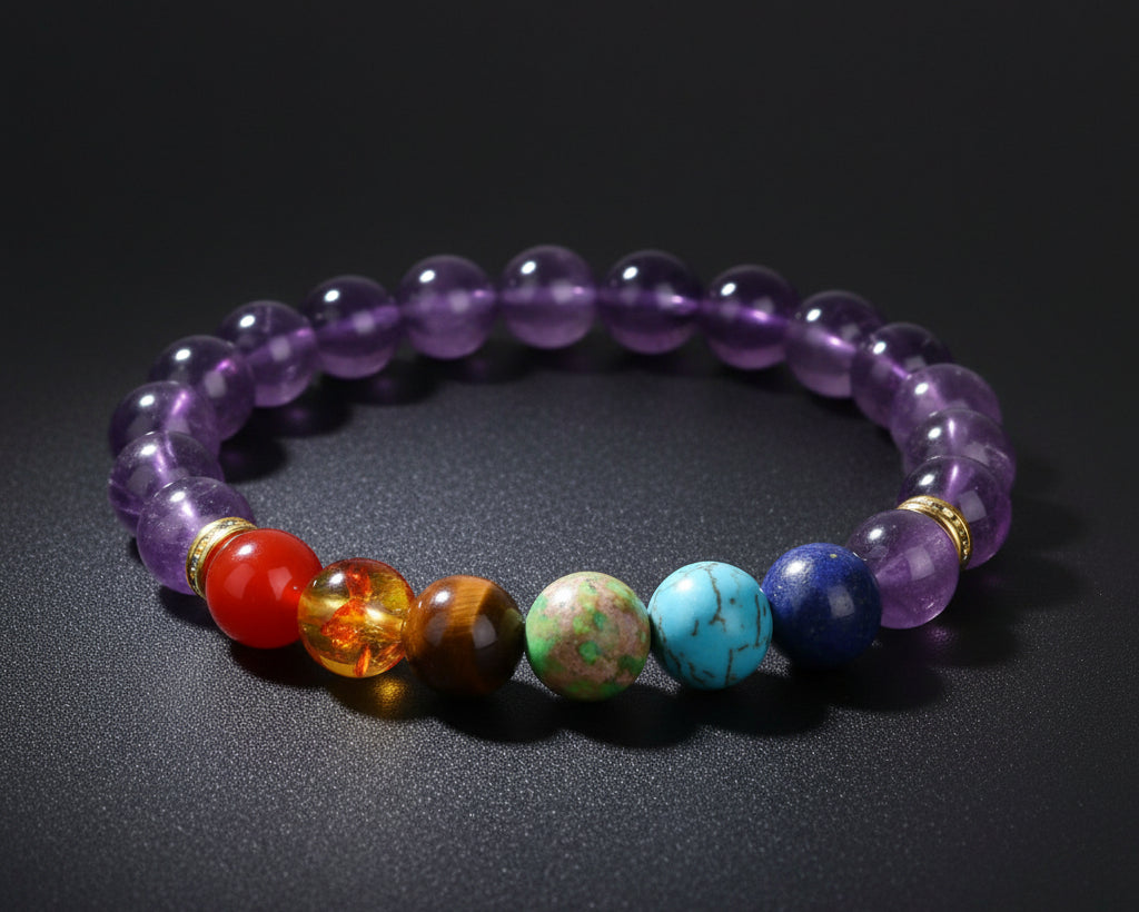 7 Chakra Tuerkis Yoga Armband mit violetten Amethyst-Perlen und bunten Chakra-Steinen