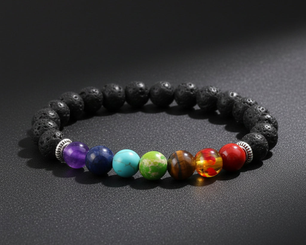 7 Chakra Perlenarmband mit bunten Natursteinen und schwarzen Lavastein-Perlen