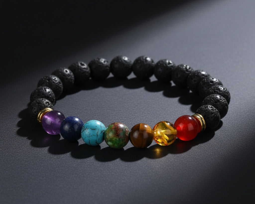 7 Chakra Tuerkis Yoga Armband mit Lavastein-Perlen, Chakra-Steinen und goldenen Akzenten