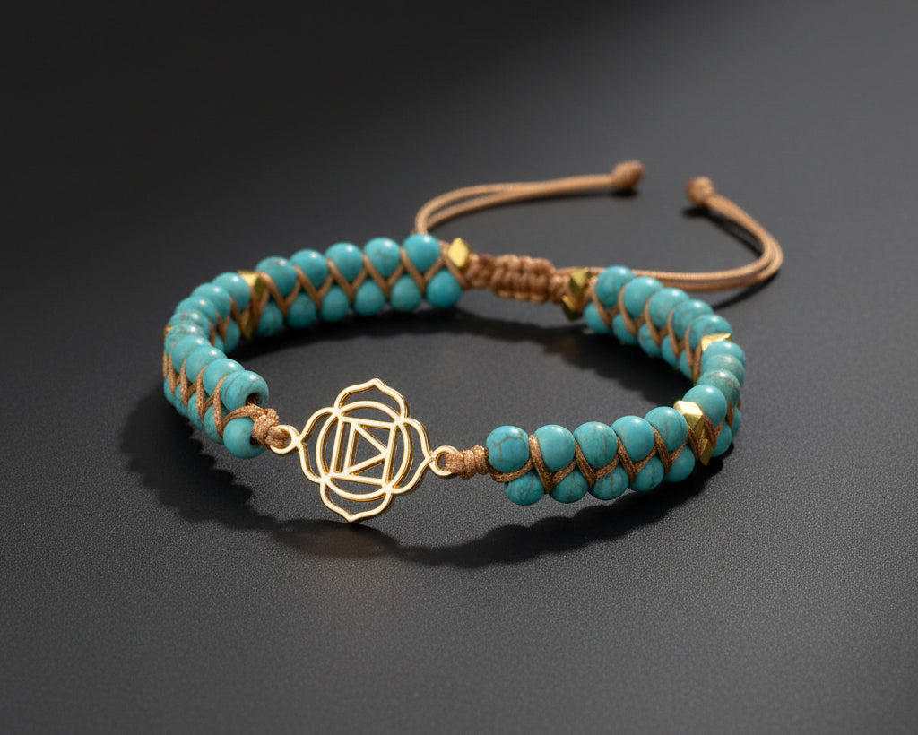 7 Chakra Meditationsarmband mit tuerkisfarbenen Perlen, goldenem Chakra-Symbol und doppelreihiger Makramee-Schnur