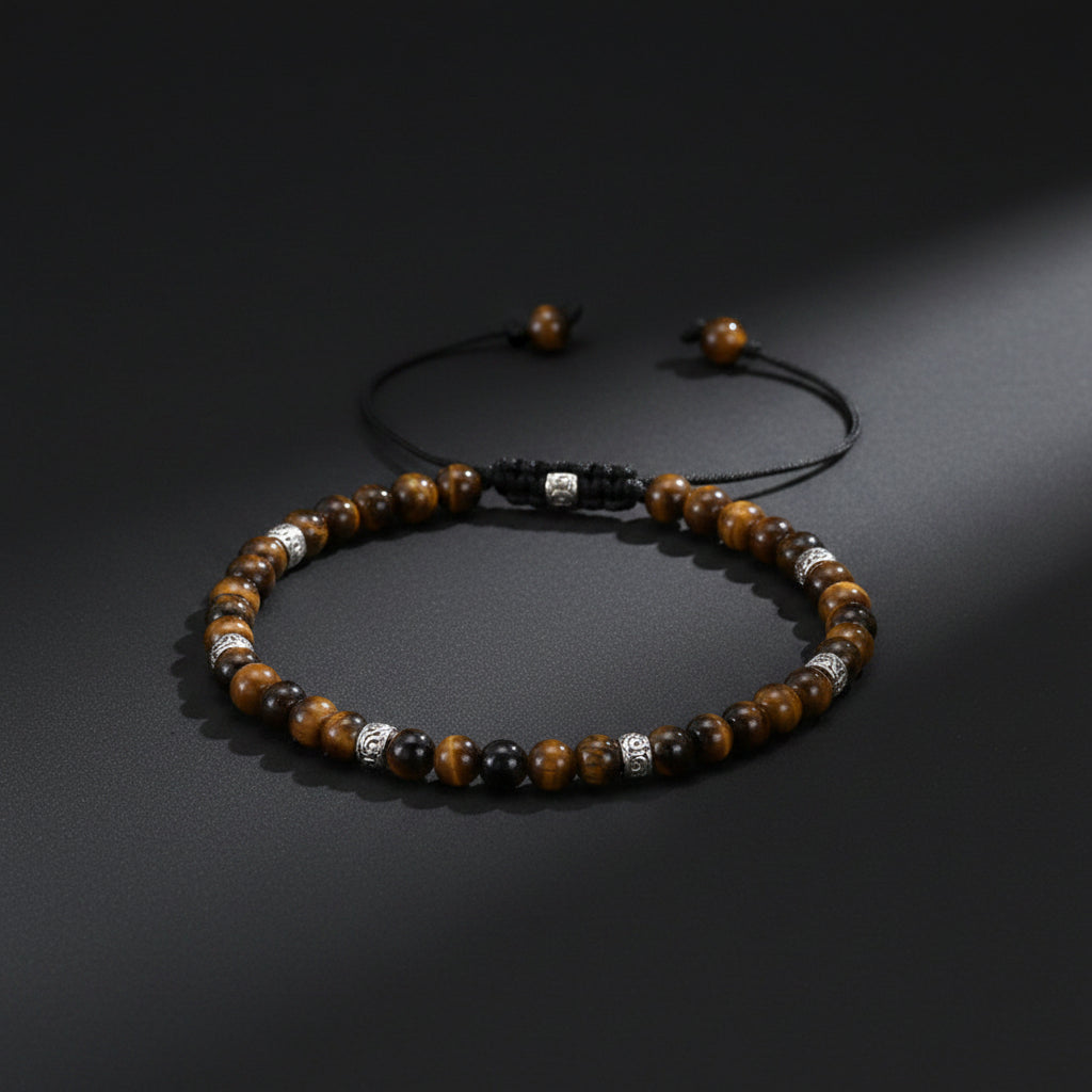 7 Chakra Yoga Armband mit braunen 4mm Tigerauge-Perlen und silbernen Zwischenperlen