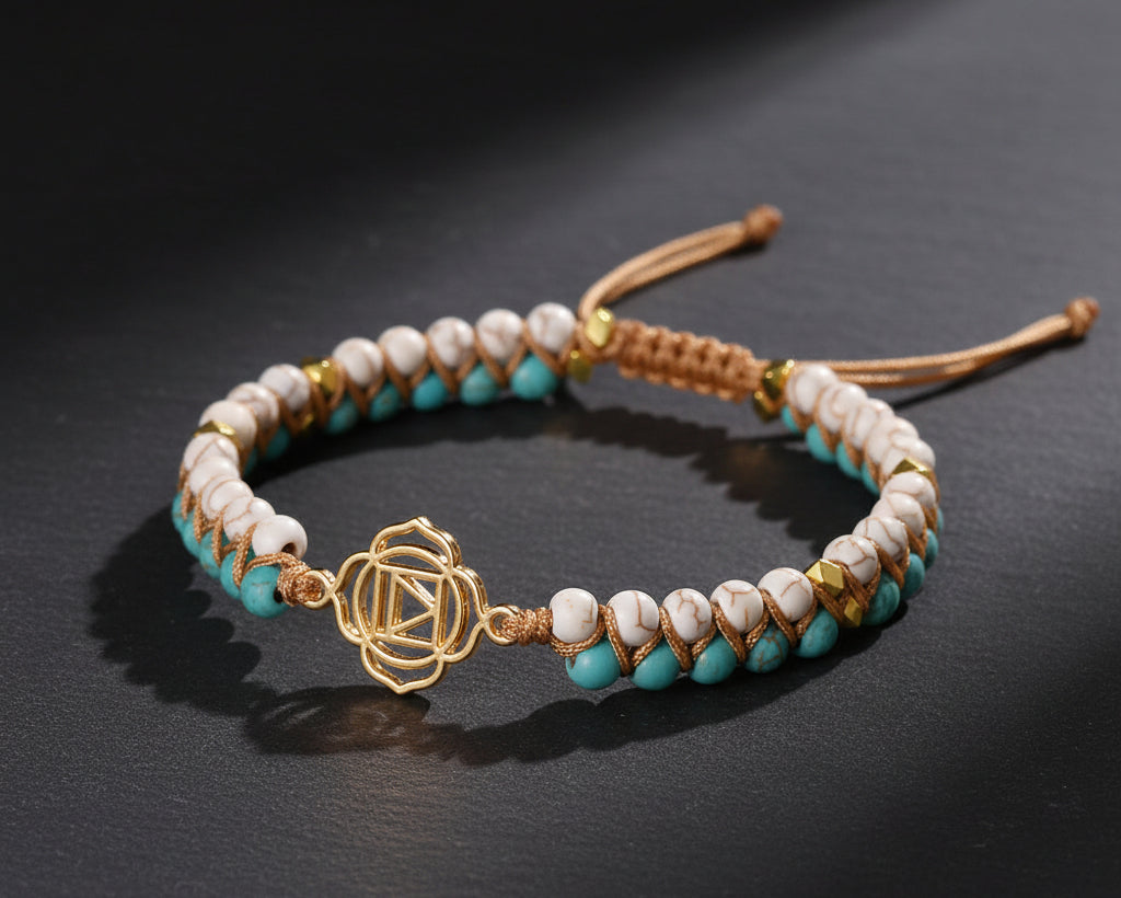 7 Chakra Meditationsarmband mit weiss-tuerkisfarbenen Perlen, goldenem Chakra-Symbol und Makramee-Schnur