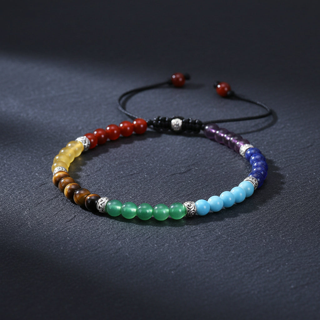 7 Chakra Yoga Armband mit 4mm Natursteinperlen in den sieben Chakra-Farben
