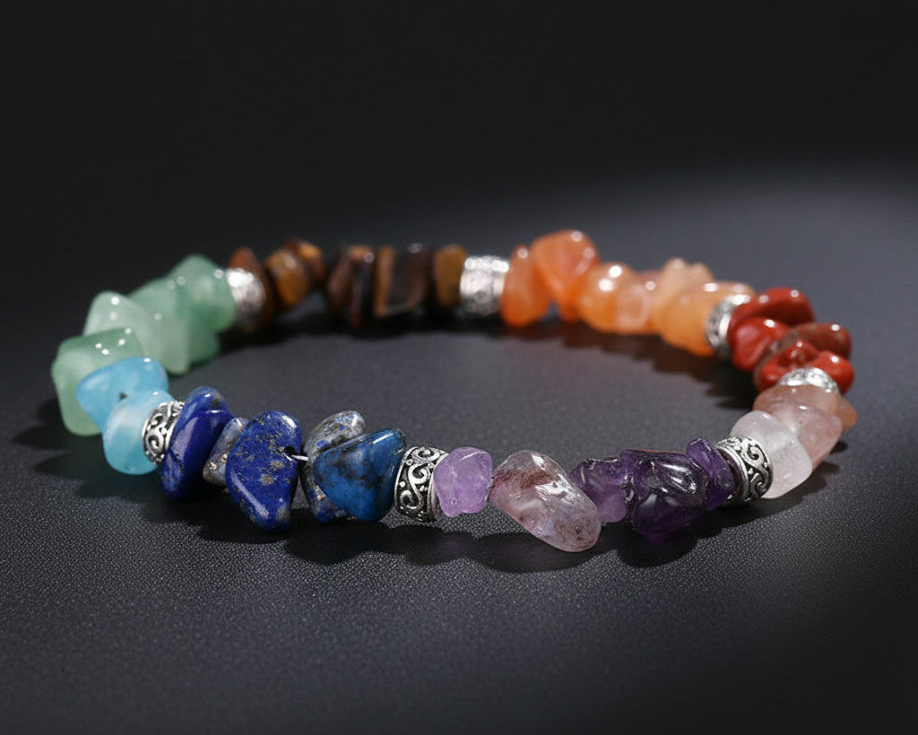 7 Chakra Rohstein Armband mit Natursteinsplittern und silbernen Zwischenperlen