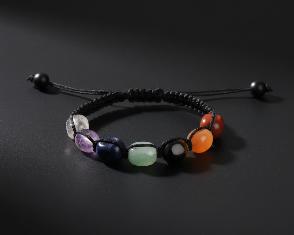 Verstellbares Chakra Naturstein Armband mit Makramee-Schnur und sieben Trommelsteinen, vollstaendige Ansicht