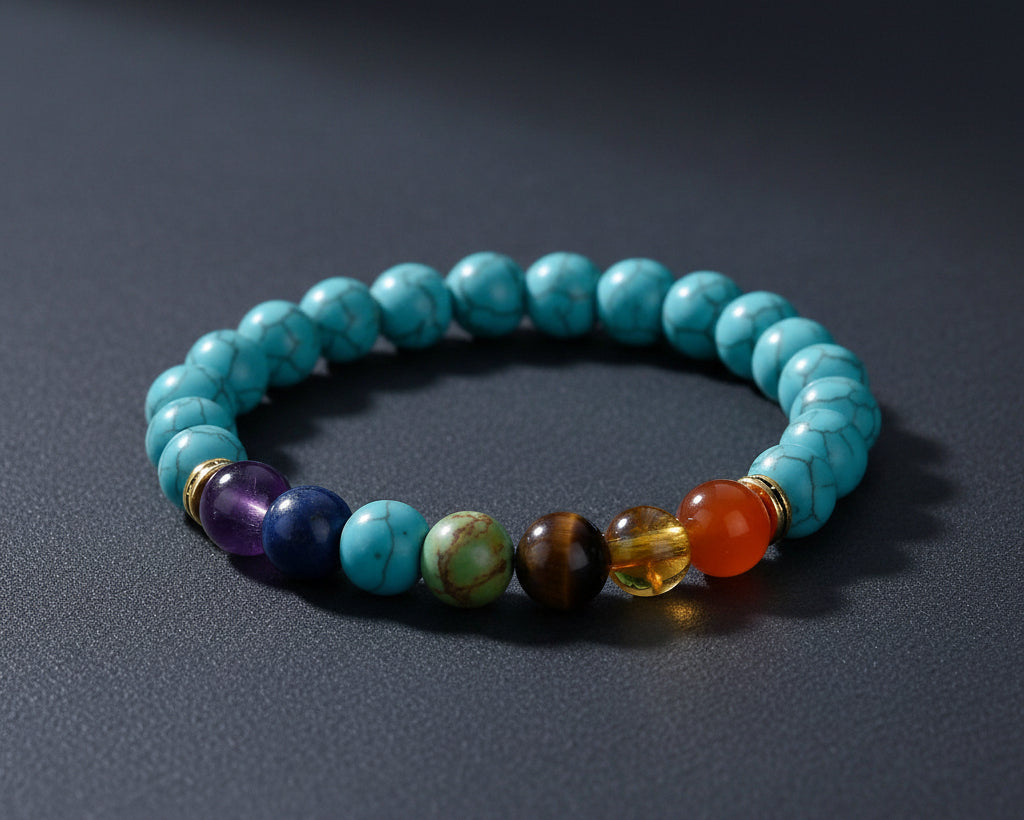 7 Chakra Tuerkis Yoga Armband mit tuerkisfarbenen Natursteinen und bunten Chakra-Steinen