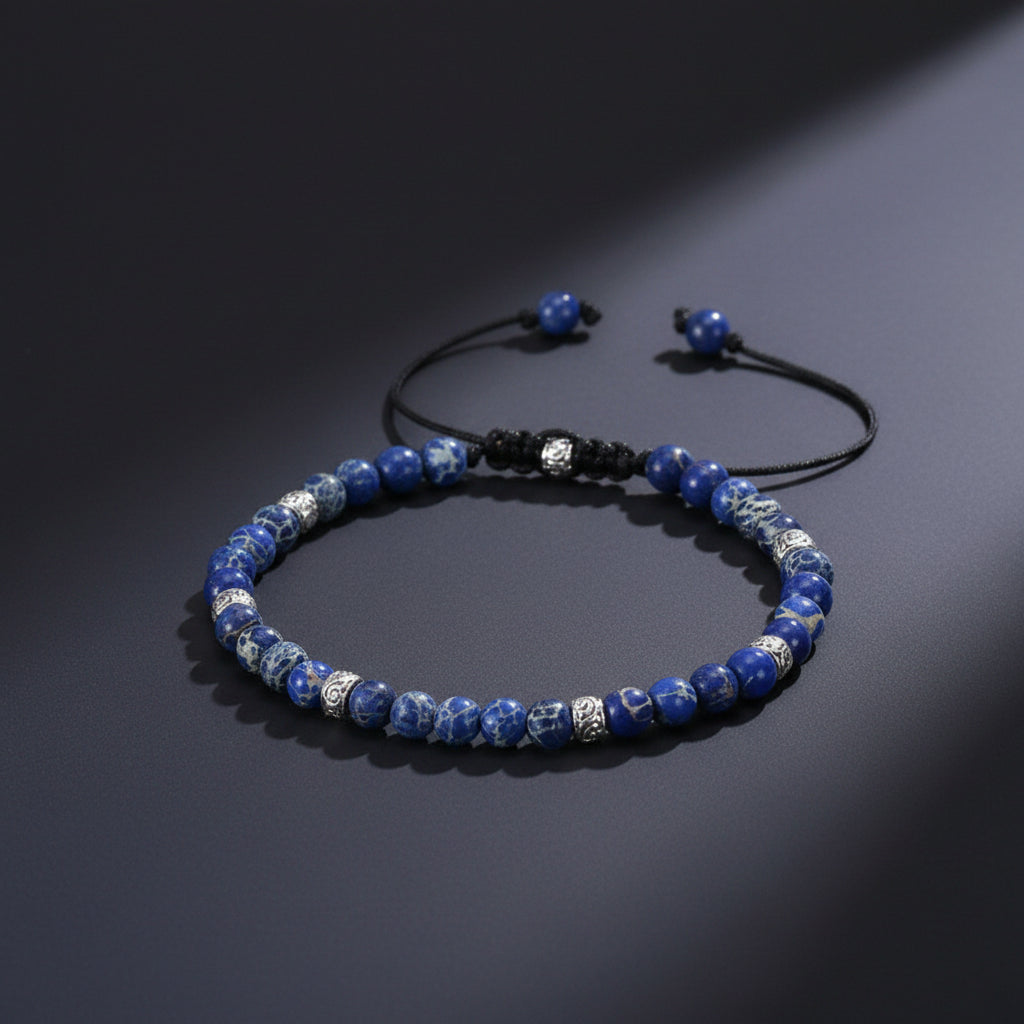 7 Chakra Yoga Armband mit blauen 4mm Sodalith-Perlen und silbernen Zwischenperlen