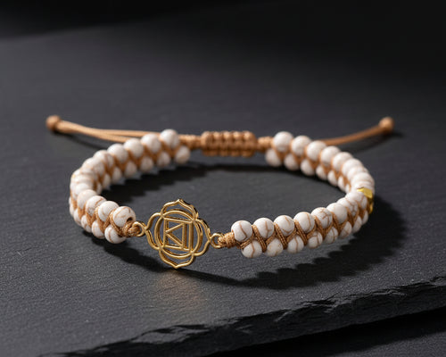 7 Chakra Meditationsarmband mit weissen Perlen, goldenem Chakra-Symbol und Makramee-Schnur