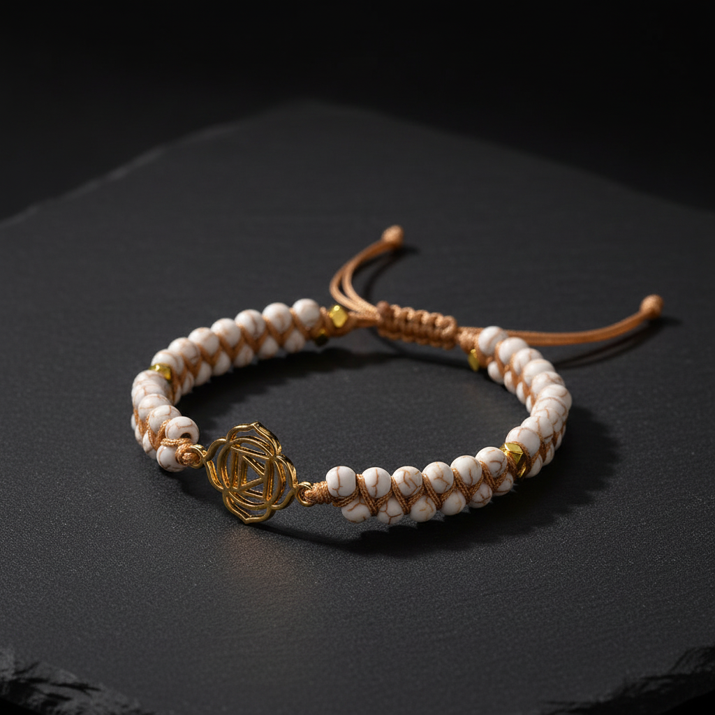 a7 Chakra Meditationsarmband mit weissen Perlen, goldenem Chakra-Symbol und doppelreihiger Makramee-Schnur, Nahaufnahme