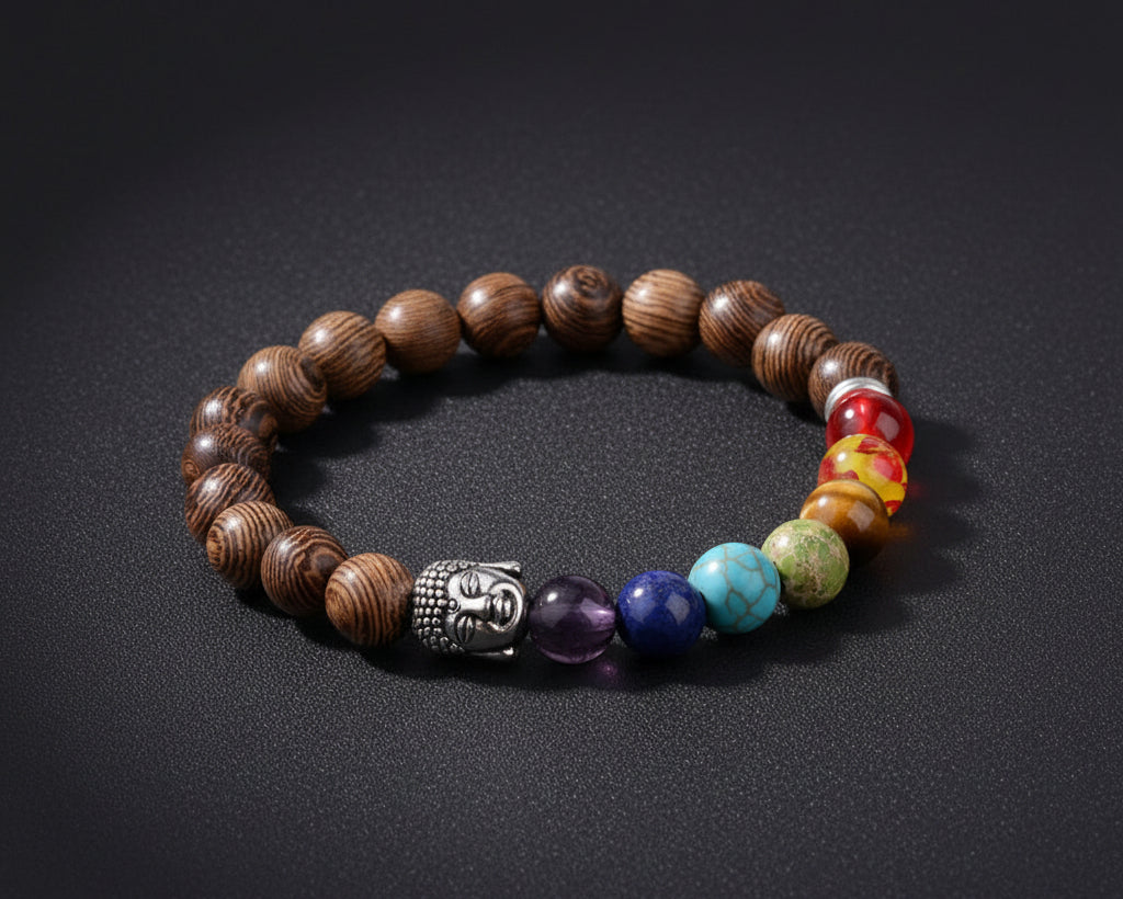 Chakra Holzperlen Armband mit Naturholzperlen, bunten Natursteinen und silberner Buddha-Perle