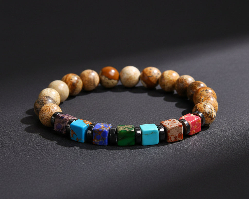 7 Chakra Naturstein Armband mit beigen 8mm Landschaftsjaspis-Perlen und bunten Wuerfel-Chakra-Steinen