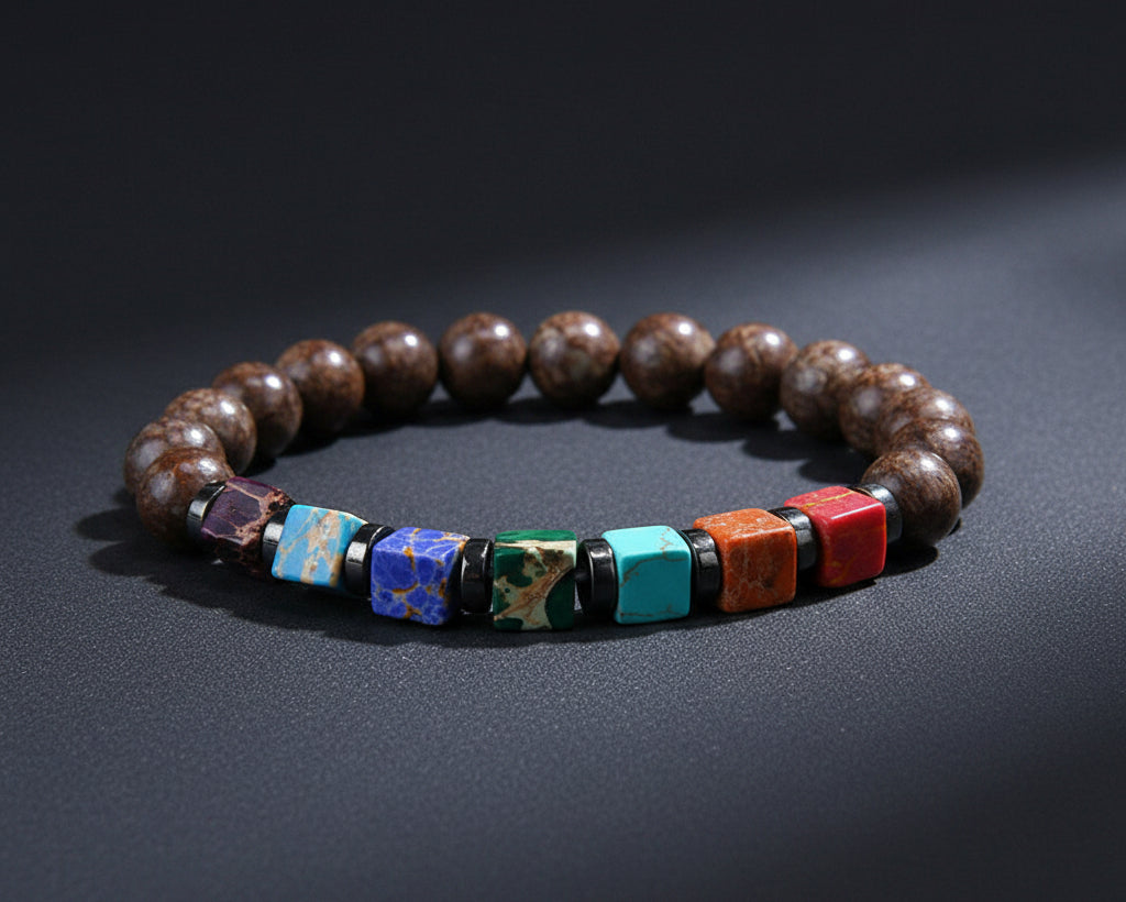 7 Chakra Naturstein Armband mit braunen 8mm Jaspis-Perlen und bunten Wuerfel-Chakra-Steinen