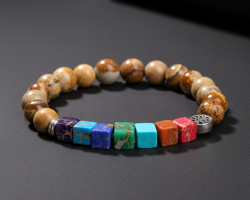 7 Chakra Naturstein Armband mit beigen 8mm Landschaftsjaspis-Perlen, Wuerfel-Chakra-Steinen und silberner Lebensbaum-Perle
