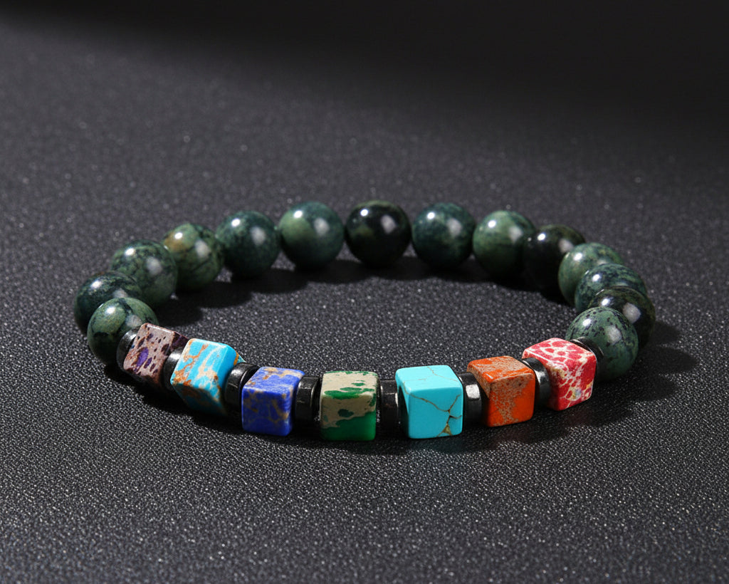 7 Chakra Naturstein Armband mit gruenen 8mm Jaspis-Perlen und bunten Wuerfel-Chakra-Steinen