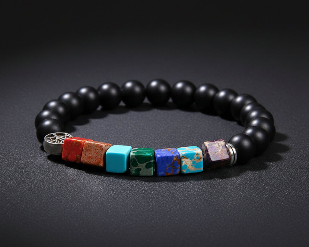 7 Chakra Naturstein Armband mit matt-schwarzen 8mm Onyx-Perlen, bunten Wuerfel-Chakra-Steinen und silberner Lebensbaum-Perle