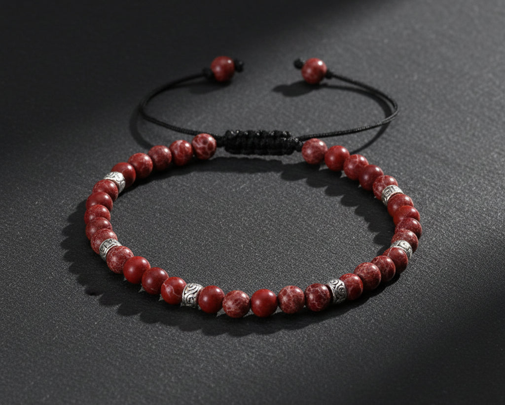 7 Chakra Yoga Armband mit rot-braunen 4mm Natursteinperlen und silbernen Zwischenperlen