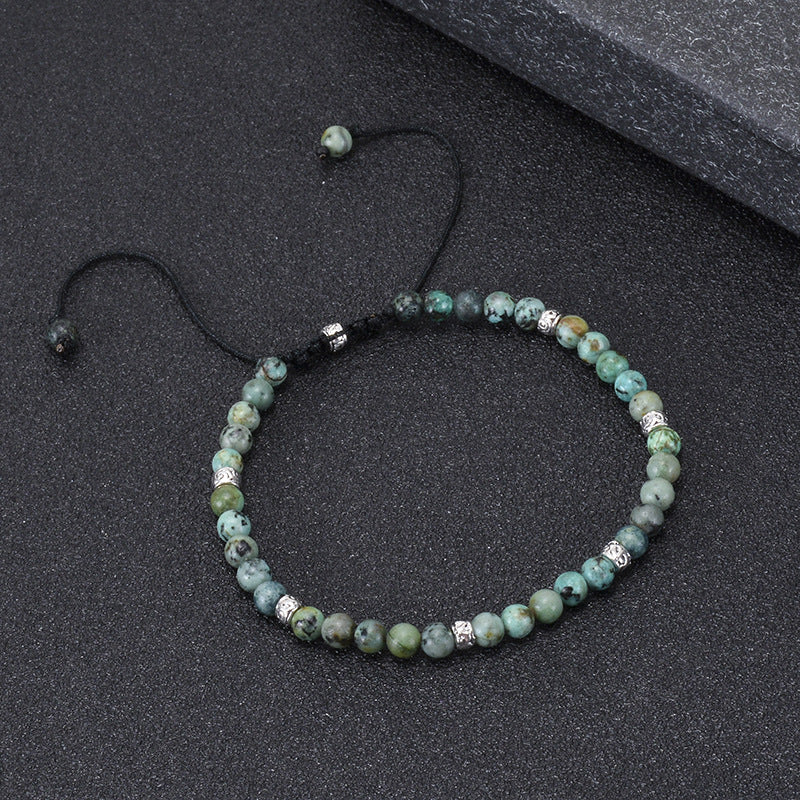 7 Chakra Yoga Armband mit gruen-grauen 4mm Natursteinperlen und silbernen Zwischenperlen
