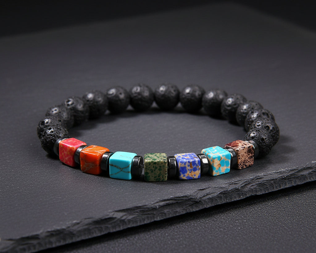 7 Chakra Naturstein Armband mit schwarzen 8mm Lavastein-Perlen und Wuerfel-Chakra-Steinen auf Schiefer