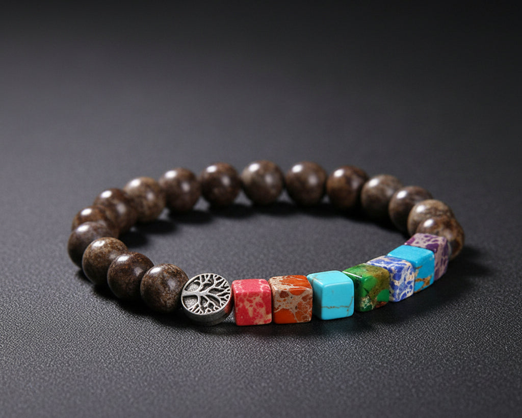 7 Chakra Naturstein Armband mit braunen 8mm Perlen, bunten Wuerfel-Chakra-Steinen und silberner Lebensbaum-Perle