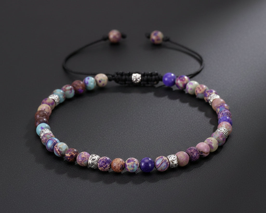 7 Chakra Yoga Armband mit lila-bunten 4mm Imperial-Jaspis-Perlen und silbernen Zwischenperlen