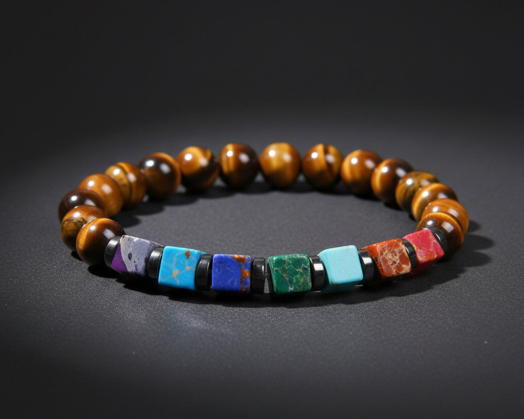 7 Chakra Naturstein Armband mit braunen 8mm Tigerauge-Perlen und bunten Wuerfel-Chakra-Steinen